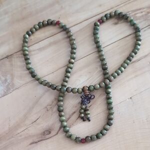 Handcrafted Green Bead Necklace with Red Accents